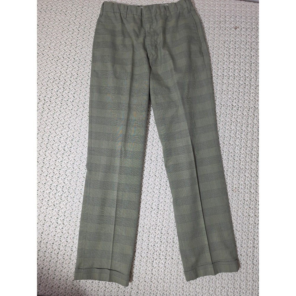 Farah Dress Slacks Mens 29x28.5 Olive Green Excellent Vintage Plaid Cuffed USA
